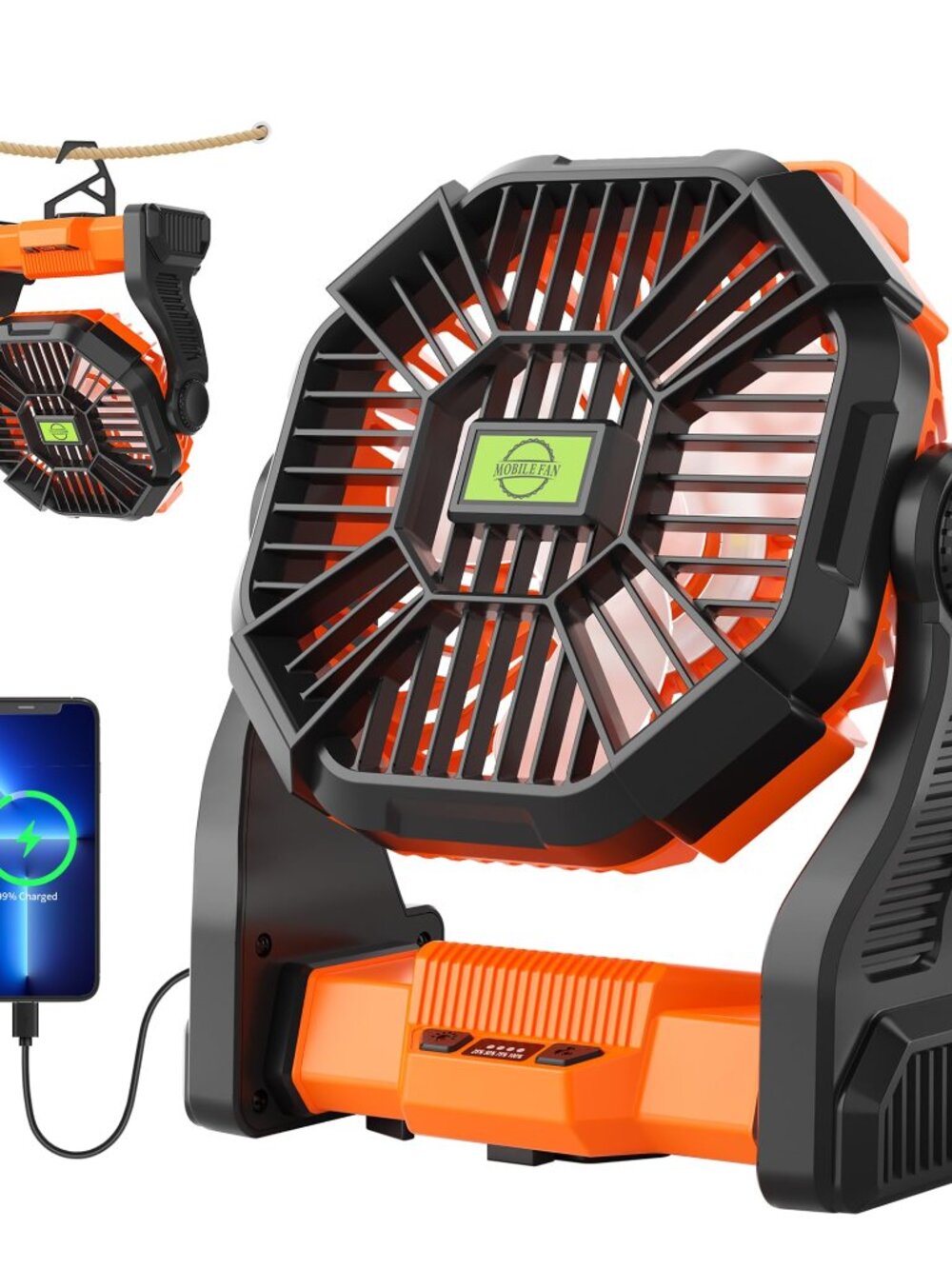 Portable Rechargeable Camping Fan with LED Light, 270° Pivot, USB Powered